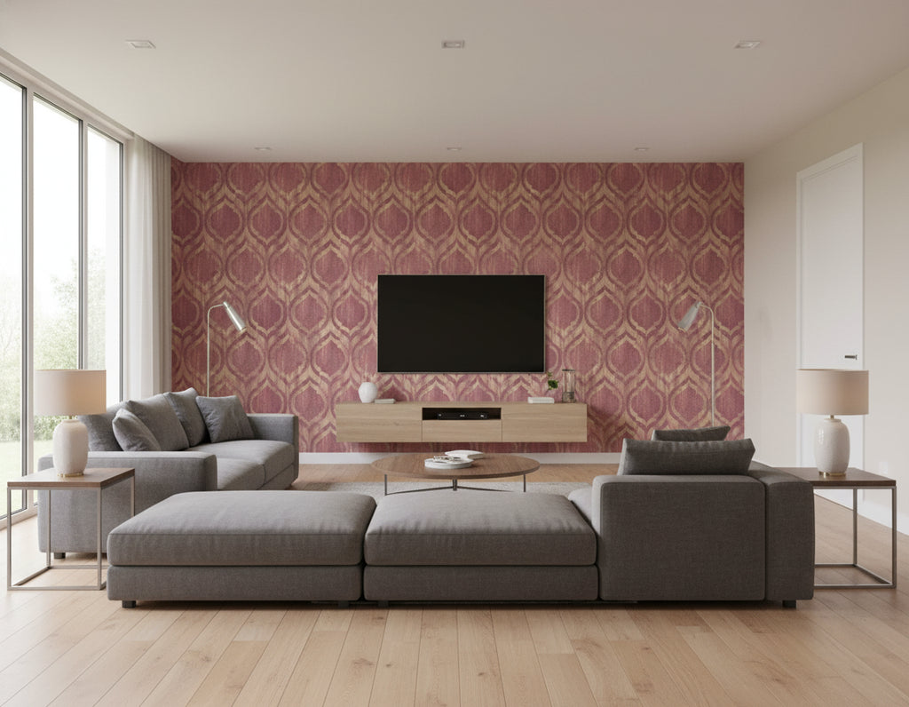 Old Danube Ogee Rustic Ogee Wine and Gold | Architectural Wallcoverings - Living Room Visualization (AI-generated, may not be to scale. Verify pattern scale with product specifications.)
