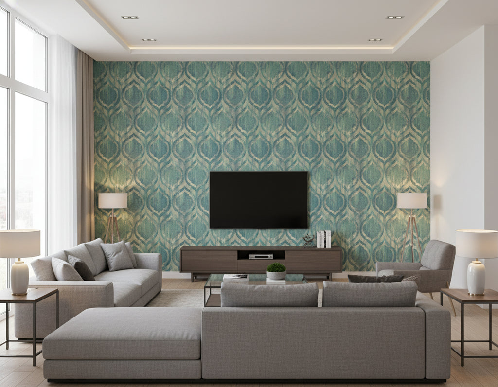 Old Danube Ogee Rustic Ogee Teal and Gold | Architectural Wallcoverings - Living Room Visualization (AI-generated, may not be to scale. Verify pattern scale with product specifications.)