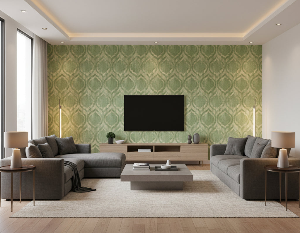 Old Danube Ogee Rustic Ogee Olive and Gold | Architectural Wallcoverings - Living Room Visualization (AI-generated, may not be to scale. Verify pattern scale with product specifications.)