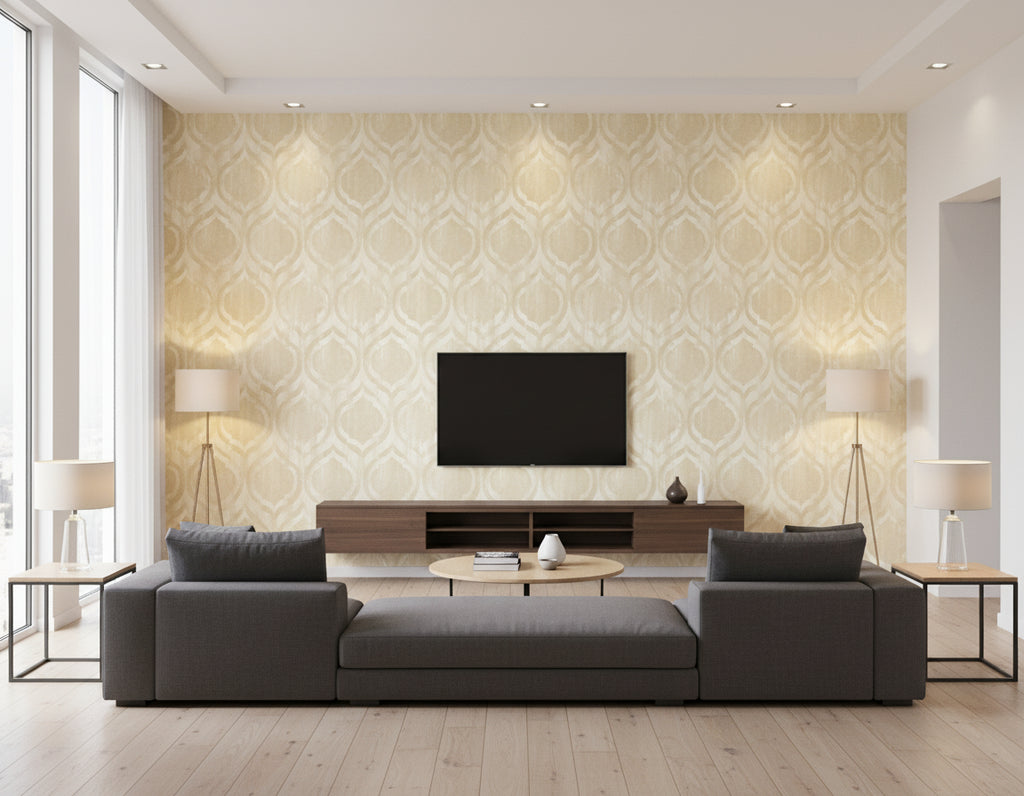 Old Danube Ogee Rustic Ogee Gold and Off-White | Architectural Wallcoverings - Living Room Visualization (AI-generated, may not be to scale. Verify pattern scale with product specifications.)