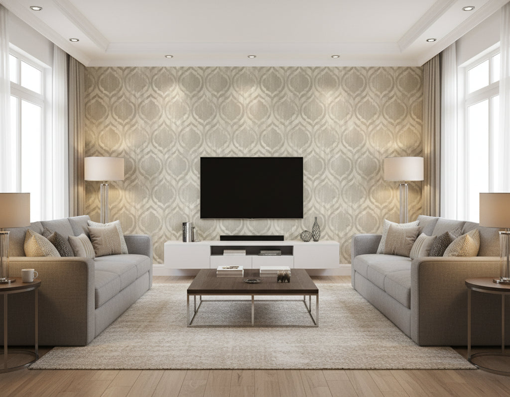 Old Danube Ogee Rustic Ogee Gray and Off-White | Architectural Wallcoverings - Living Room Visualization (AI-generated, may not be to scale. Verify pattern scale with product specifications.)