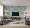 Kentmere Transitional Botanical Teal and Off-White | Architectural Wallcoverings - Living Room Visualization (AI-generated, may not be to scale. Verify pattern scale with product specifications.)