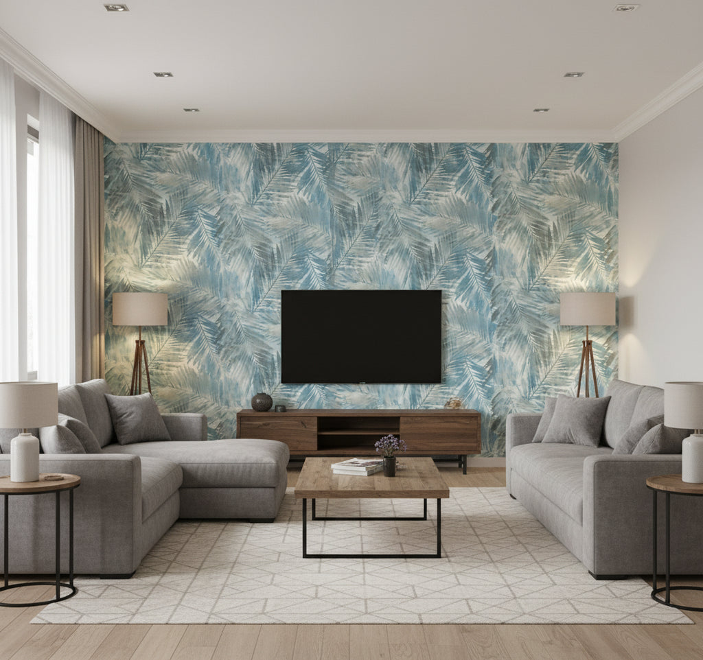 Kentmere Transitional Botanical Teal and Off-White | Architectural Wallcoverings - Living Room Visualization (AI-generated, may not be to scale. Verify pattern scale with product specifications.)