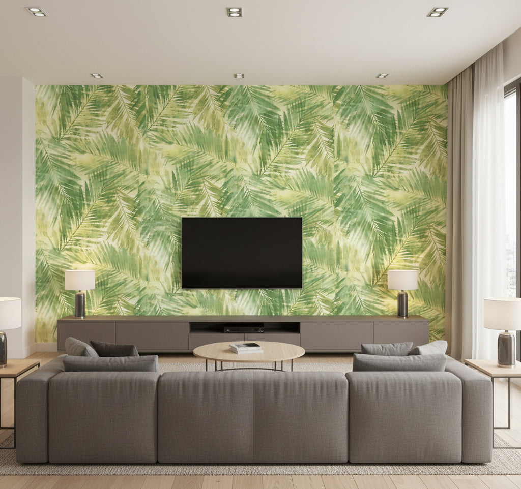 Kentmere Transitional Botanical Fern Green and Off-White | Architectural Wallcoverings - Living Room Visualization (AI-generated, may not be to scale. Verify pattern scale with product specifications.)