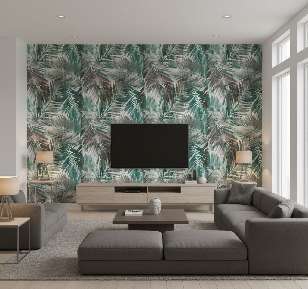 Kentmere Transitional Botanical Teal and Seaweed | Architectural Wallcoverings - Living Room Visualization (AI-generated, may not be to scale. Verify pattern scale with product specifications.)