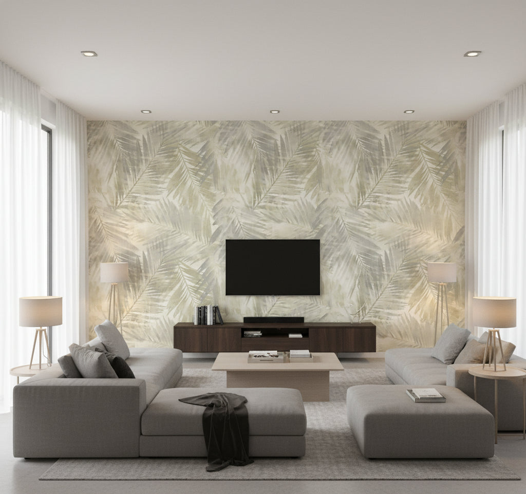 Kentmere Transitional Botanical Gray and Off-White | Architectural Wallcoverings - Living Room Visualization (AI-generated, may not be to scale. Verify pattern scale with product specifications.)