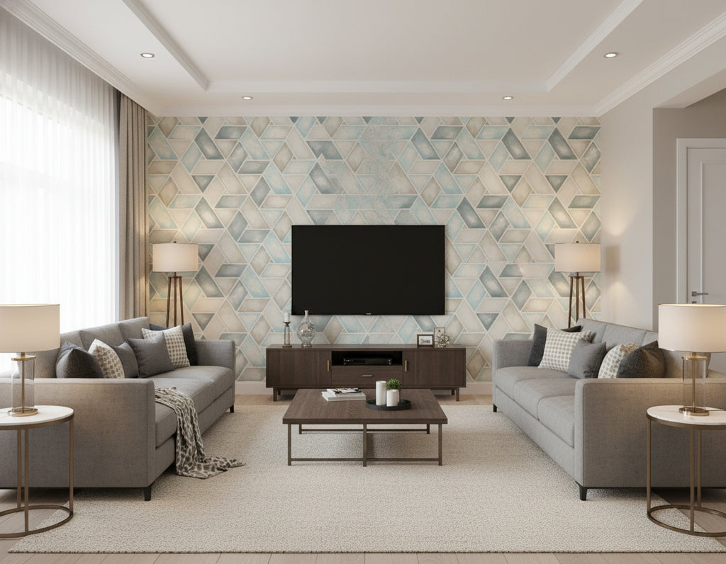 Kentmere Geo Contemporary Geometric Baby Blue, Pewter, and Gray | Architectural Wallcoverings - Living Room Visualization (AI-generated, may not be to scale. Verify pattern scale with product specifications.)