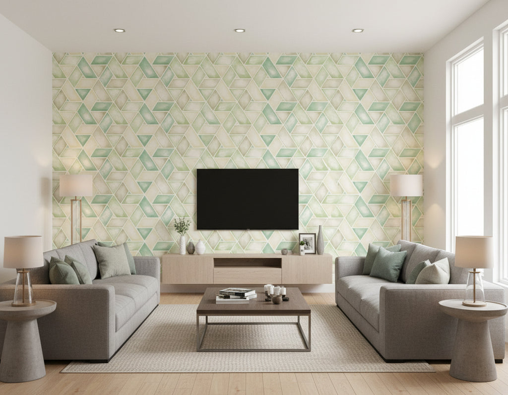 Kentmere Geo Contemporary Geometric Mint, Spruce, and Off-White | Architectural Wallcoverings - Living Room Visualization (AI-generated, may not be to scale. Verify pattern scale with product specifications.)
