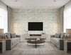 Kentmere Geo Contemporary Geometric Teal, Gray, and White | Architectural Wallcoverings - Living Room Visualization (AI-generated, may not be to scale. Verify pattern scale with product specifications.)