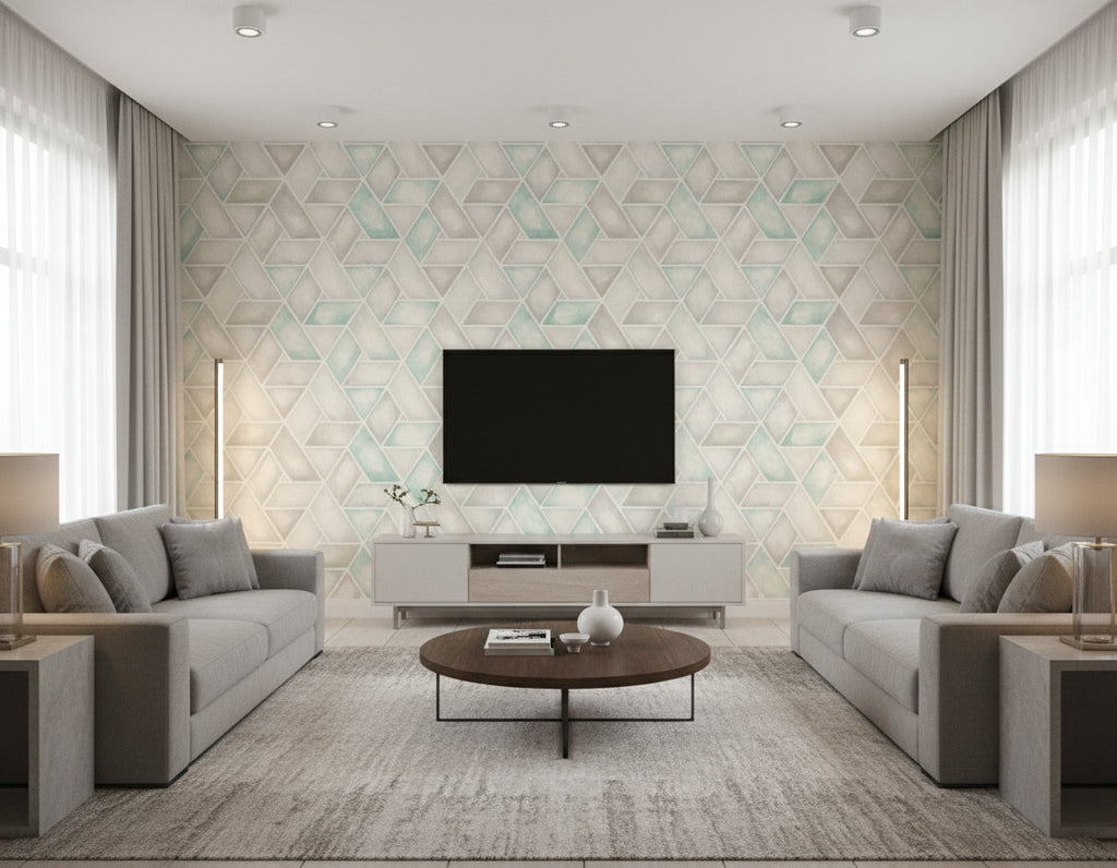 Kentmere Geo Contemporary Geometric Teal, Gray, and White | Architectural Wallcoverings - Living Room Visualization (AI-generated, may not be to scale. Verify pattern scale with product specifications.)