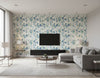 Faravel Contemporary Floral Prussian Blue, Greige, and Off-White | Architectural Wallcoverings - Living Room Visualization (AI-generated, may not be to scale. Verify pattern scale with product specifications.)