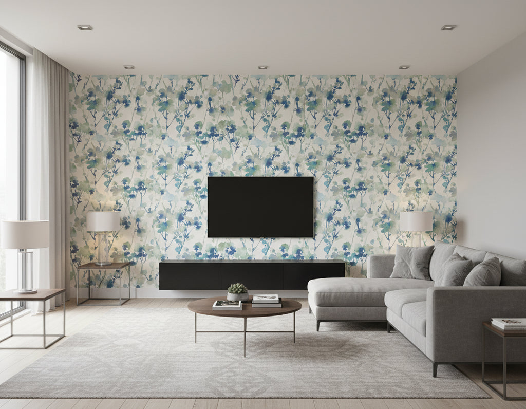 Faravel Contemporary Floral Prussian Blue, Greige, and Off-White | Architectural Wallcoverings - Living Room Visualization (AI-generated, may not be to scale. Verify pattern scale with product specifications.)