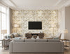 Faravel Contemporary Floral Gold, Off-White, and Greige | Architectural Wallcoverings - Living Room Visualization (AI-generated, may not be to scale. Verify pattern scale with product specifications.)