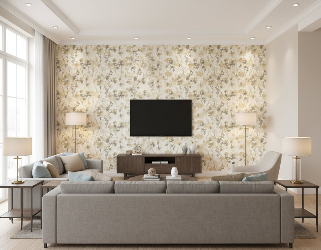 Faravel Contemporary Floral Gold, Off-White, and Greige | Architectural Wallcoverings - Living Room Visualization (AI-generated, may not be to scale. Verify pattern scale with product specifications.)