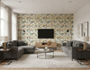 Faravel Contemporary Floral Cerulean, Brass, and Chocolate | Architectural Wallcoverings - Living Room Visualization (AI-generated, may not be to scale. Verify pattern scale with product specifications.)