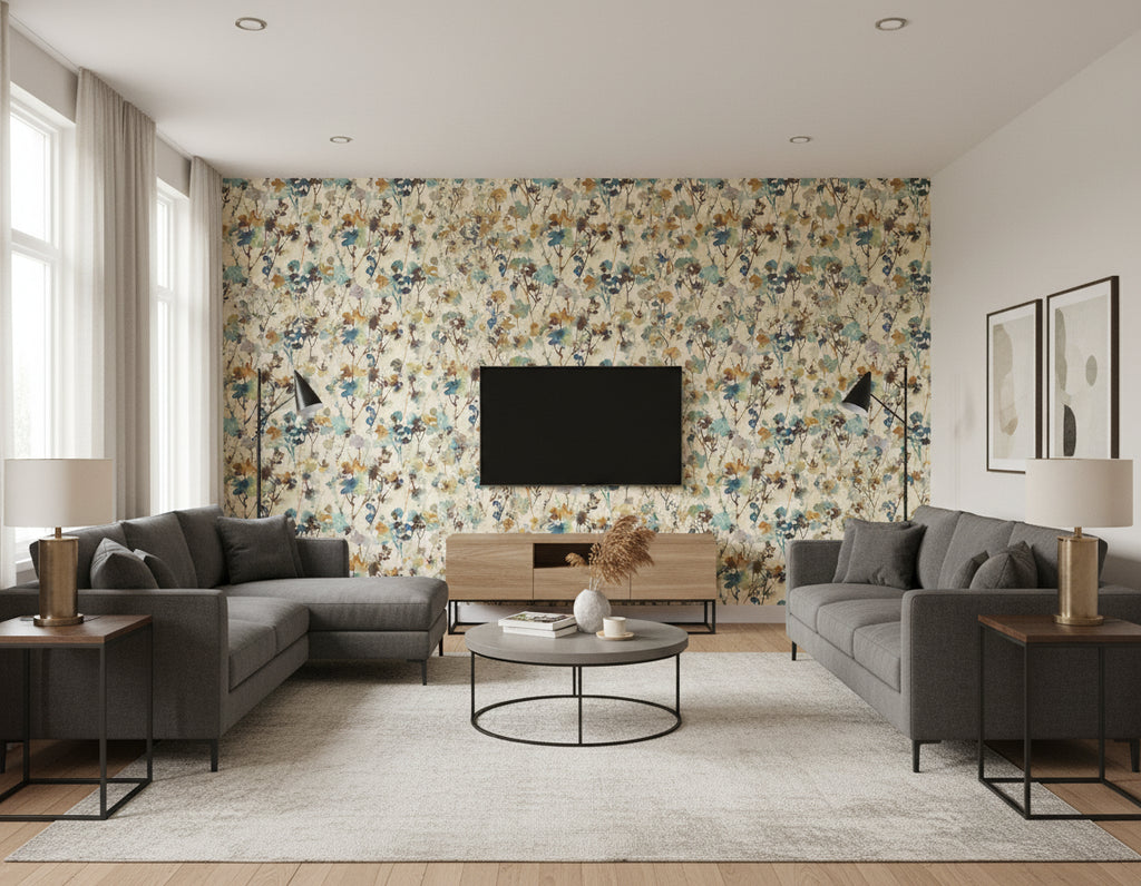 Faravel Contemporary Floral Cerulean, Brass, and Chocolate | Architectural Wallcoverings - Living Room Visualization (AI-generated, may not be to scale. Verify pattern scale with product specifications.)