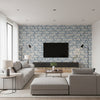Faravel Geo Contemporary Geometric Prussian Blue and Off-White | Architectural Wallcoverings - Living Room Visualization (AI-generated, may not be to scale. Verify pattern scale with product specifications.)