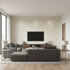 Faravel Geo Contemporary Geometric Gold and Off-White | Architectural Wallcoverings - Living Room Visualization (AI-generated, may not be to scale. Verify pattern scale with product specifications.)