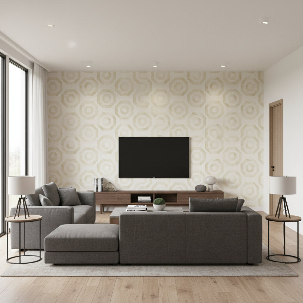 Faravel Geo Contemporary Geometric Gold and Off-White | Architectural Wallcoverings - Living Room Visualization (AI-generated, may not be to scale. Verify pattern scale with product specifications.)