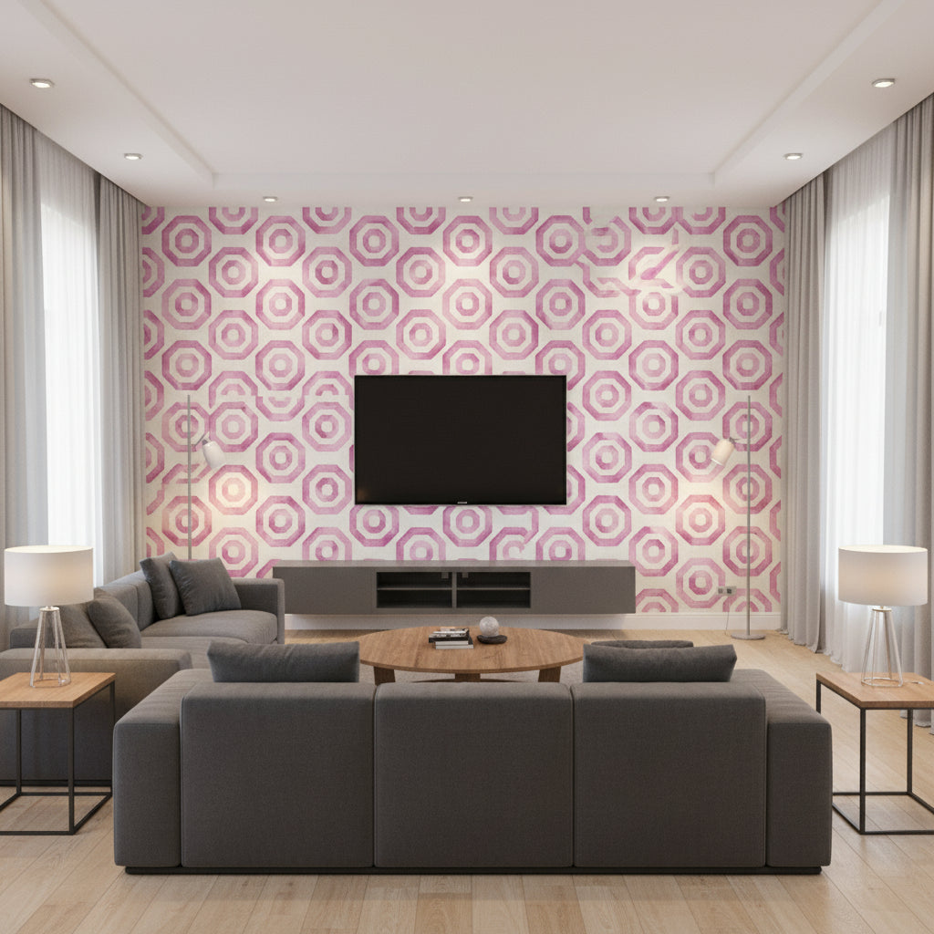 Faravel Geo Contemporary Geometric Magenta and Off-White | Architectural Wallcoverings - Living Room Visualization (AI-generated, may not be to scale. Verify pattern scale with product specifications.)