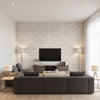 Faravel Geo Contemporary Geometric Light Gray and Off-White | Architectural Wallcoverings - Living Room Visualization (AI-generated, may not be to scale. Verify pattern scale with product specifications.)
