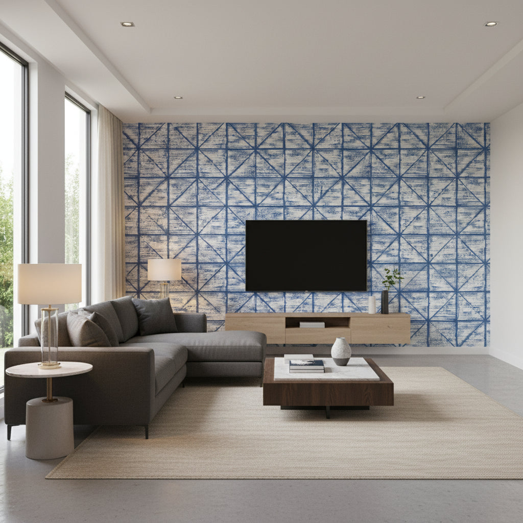 Ness Transitional Geometric Blue and White | Architectural Wallcoverings - Living Room Visualization (AI-generated, may not be to scale. Verify pattern scale with product specifications.)