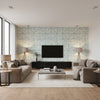 Ness Transitional Geometric Teal and White | Architectural Wallcoverings - Living Room Visualization (AI-generated, may not be to scale. Verify pattern scale with product specifications.)
