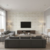 Ness Transitional Geometric Light Greige and Off-White | Architectural Wallcoverings - Living Room Visualization (AI-generated, may not be to scale. Verify pattern scale with product specifications.)