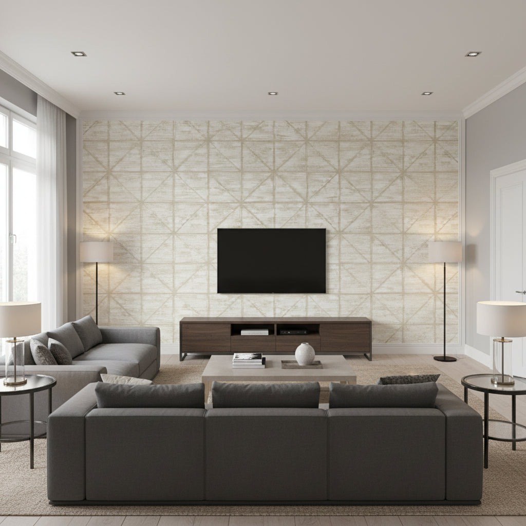 Ness Transitional Geometric Light Greige and Off-White | Architectural Wallcoverings - Living Room Visualization (AI-generated, may not be to scale. Verify pattern scale with product specifications.)