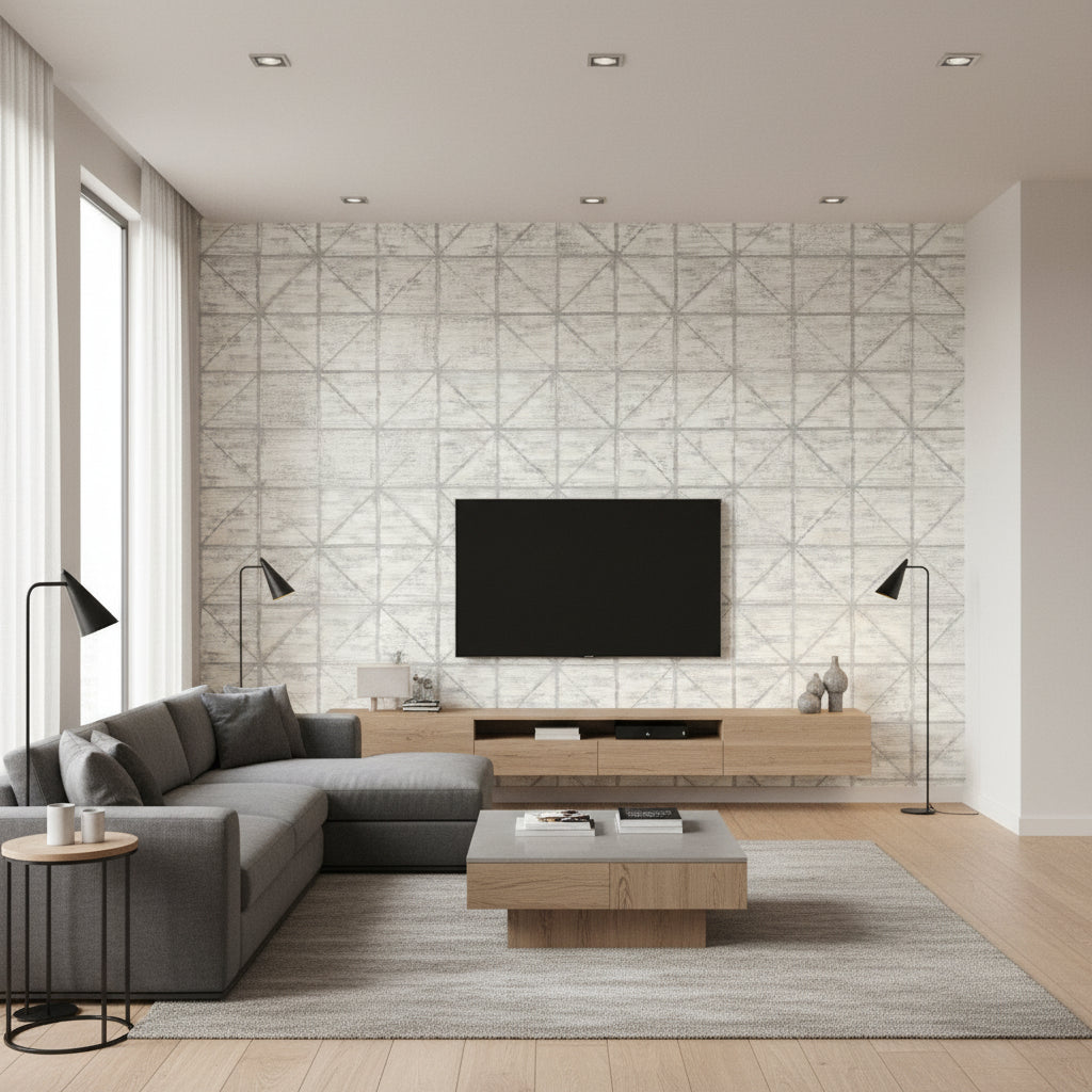 Ness Transitional Geometric Gray and White | Architectural Wallcoverings - Living Room Visualization (AI-generated, may not be to scale. Verify pattern scale with product specifications.)