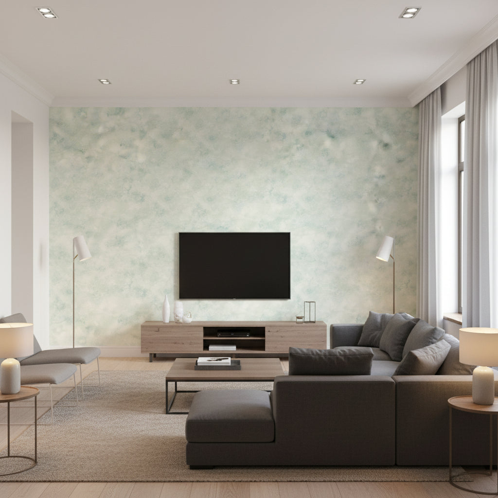 Roxen Texture Traditional Faux Teal and Off-White | Architectural Wallcoverings - Living Room Visualization (AI-generated, may not be to scale. Verify pattern scale with product specifications.)