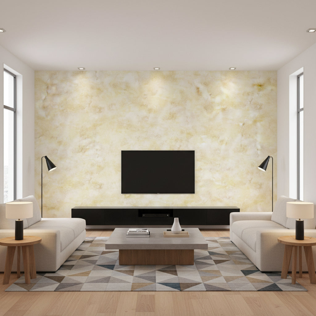 Roxen Texture Traditional Faux Gold and Off-White | Architectural Wallcoverings - Living Room Visualization (AI-generated, may not be to scale. Verify pattern scale with product specifications.)