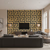 Vogue Mid Century Geometric Black and Metallic Gold | Architectural Wallcoverings - Living Room Visualization (AI-generated, may not be to scale. Verify pattern scale with product specifications.)