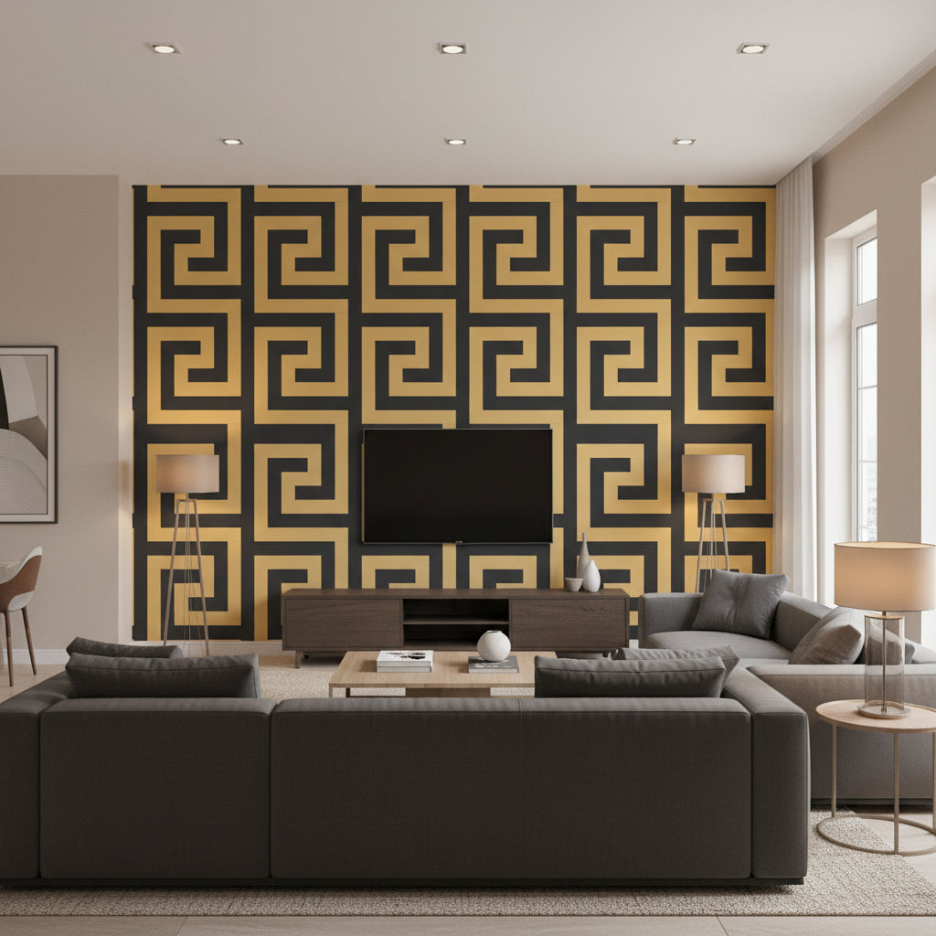 Vogue Mid Century Geometric Black and Metallic Gold | Architectural Wallcoverings - Living Room Visualization (AI-generated, may not be to scale. Verify pattern scale with product specifications.)