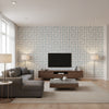 Vogue Mid Century Geometric Baby Blue and Off-White | Architectural Wallcoverings - Living Room Visualization (AI-generated, may not be to scale. Verify pattern scale with product specifications.)