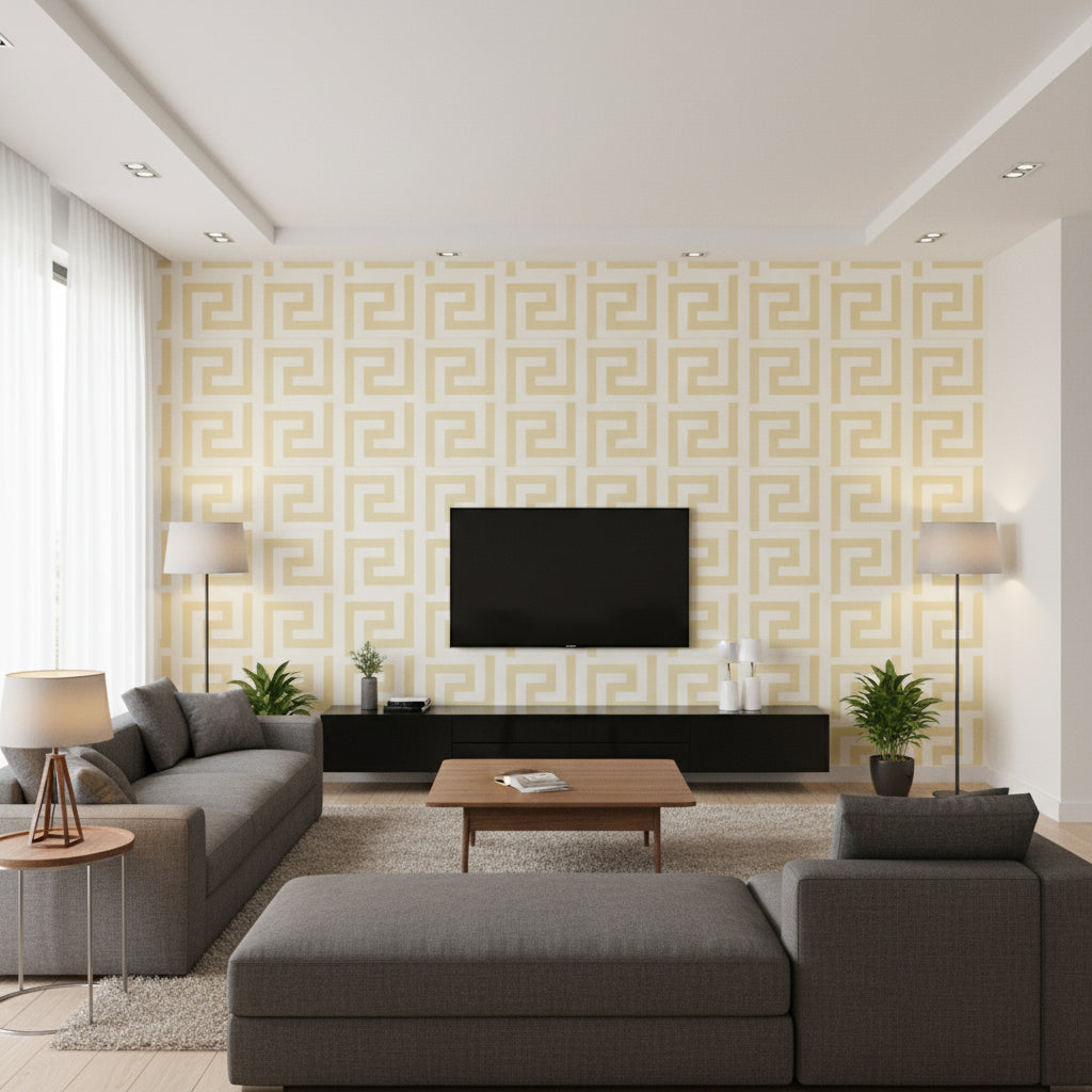 Vogue Mid Century Geometric Metallic Gold and Off-White | Architectural Wallcoverings - Living Room Visualization (AI-generated, may not be to scale. Verify pattern scale with product specifications.)