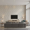 Vogue Mid Century Geometric Metallic Silver and Taupe | Architectural Wallcoverings - Living Room Visualization (AI-generated, may not be to scale. Verify pattern scale with product specifications.)