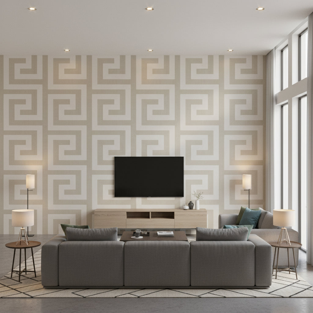 Vogue Mid Century Geometric Metallic Silver and Taupe | Architectural Wallcoverings - Living Room Visualization (AI-generated, may not be to scale. Verify pattern scale with product specifications.)