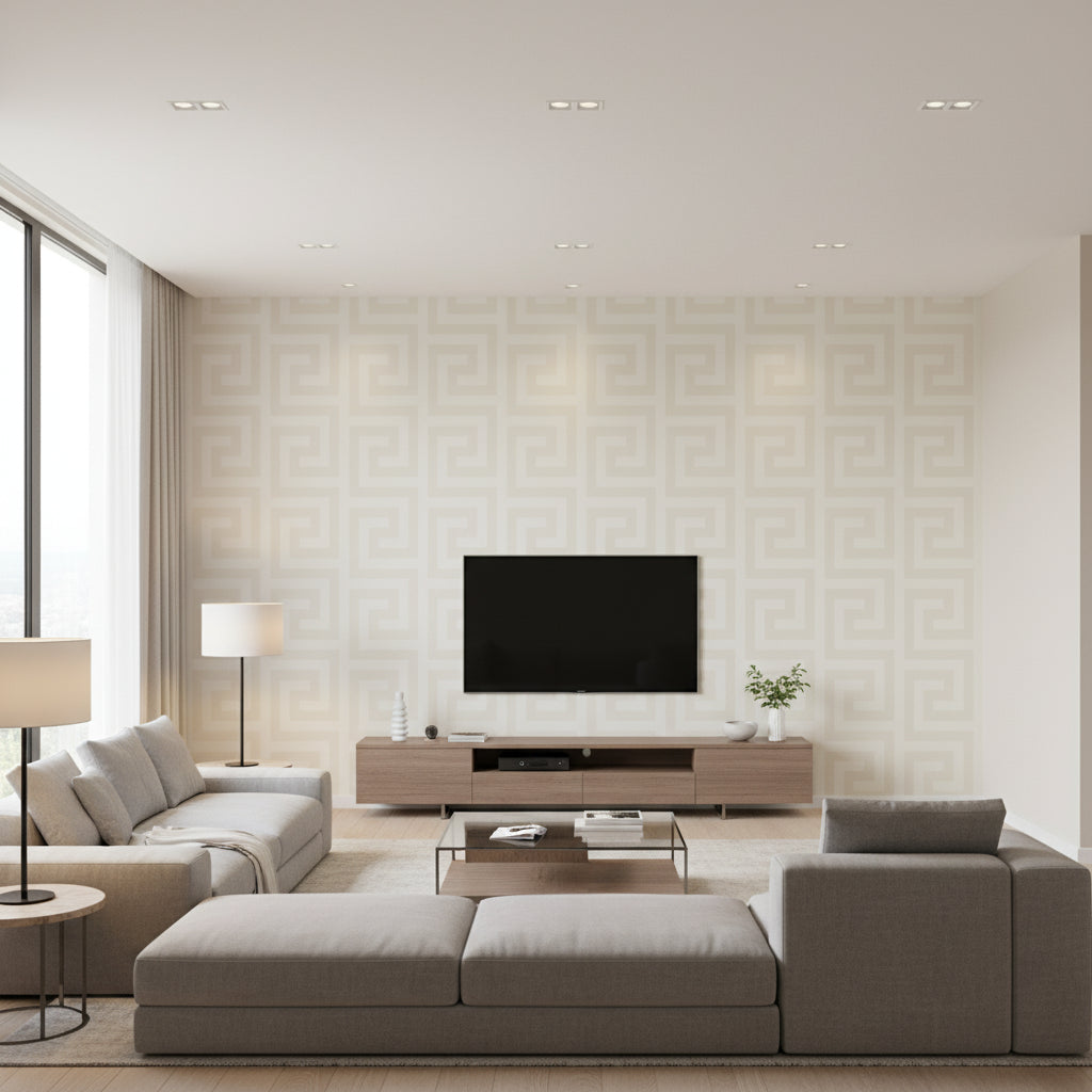 Vogue Mid Century Geometric Off-White | Architectural Wallcoverings - Living Room Visualization (AI-generated, may not be to scale. Verify pattern scale with product specifications.)