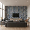 Vogue Mid Century Geometric Cerulean and Metallic Silver | Architectural Wallcoverings - Living Room Visualization (AI-generated, may not be to scale. Verify pattern scale with product specifications.)