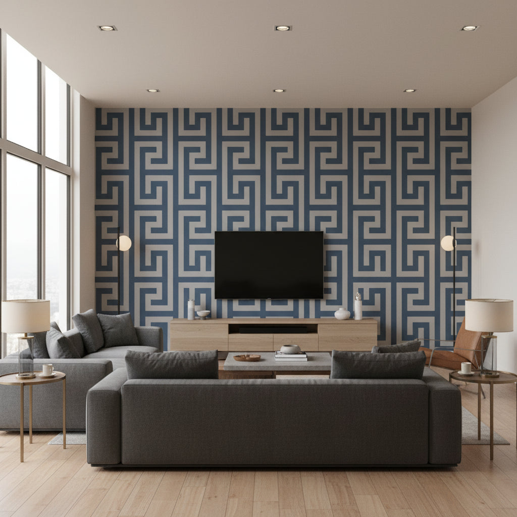 Vogue Mid Century Geometric Cerulean and Metallic Silver | Architectural Wallcoverings - Living Room Visualization (AI-generated, may not be to scale. Verify pattern scale with product specifications.)