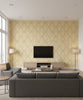 Vogue Damask Mid Century Damask Metallic Gold and Buttercup | Architectural Wallcoverings - Living Room Visualization (AI-generated, may not be to scale. Verify pattern scale with product specifications.)