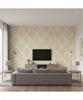 Vogue Damask Mid Century Damask Metallic Gold and Off-White | Architectural Wallcoverings - Living Room Visualization (AI-generated, may not be to scale. Verify pattern scale with product specifications.)