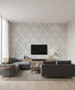 Vogue Damask Mid Century Damask Metallic Silver and Greige | Architectural Wallcoverings - Living Room Visualization (AI-generated, may not be to scale. Verify pattern scale with product specifications.)