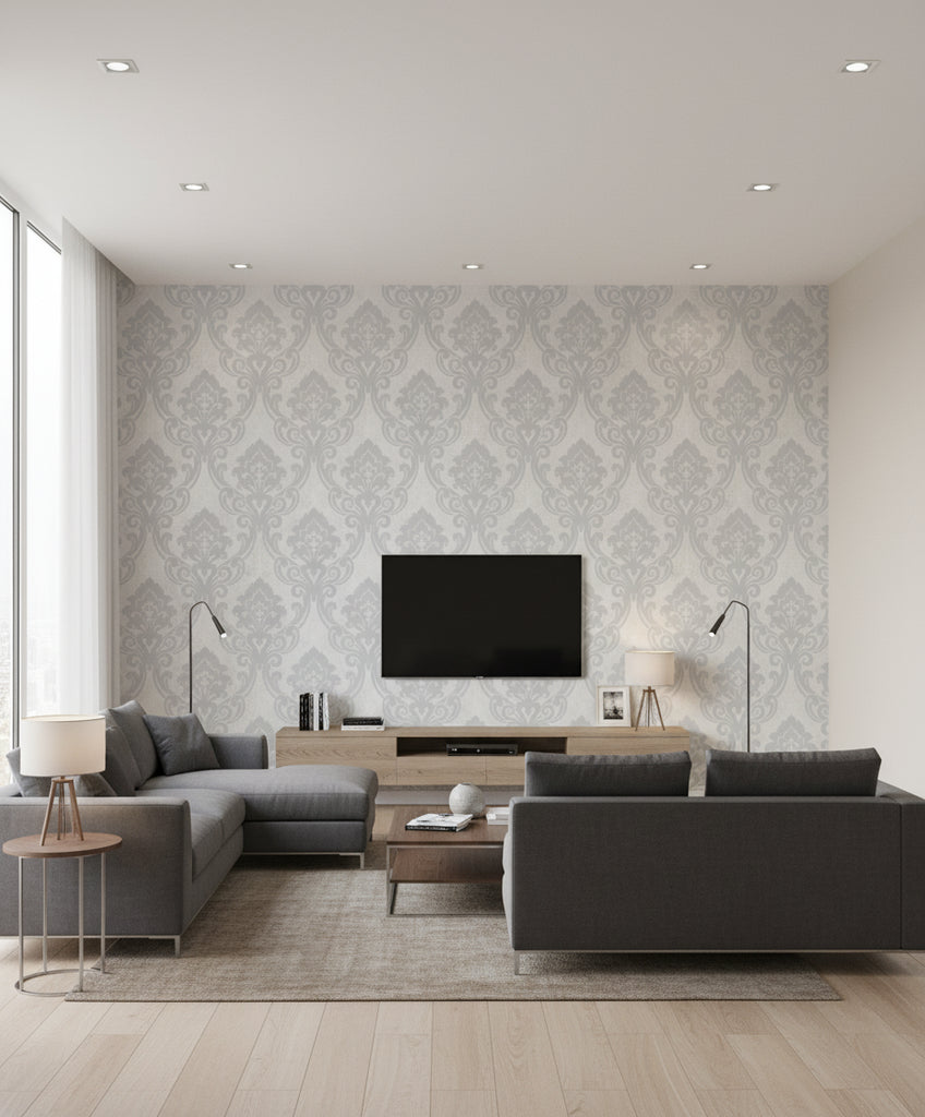 Vogue Damask Mid Century Damask Metallic Silver and Greige | Architectural Wallcoverings - Living Room Visualization (AI-generated, may not be to scale. Verify pattern scale with product specifications.)