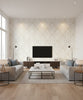 Vogue Damask Mid Century Damask Metallic and Gray | Architectural Wallcoverings - Living Room Visualization (AI-generated, may not be to scale. Verify pattern scale with product specifications.)