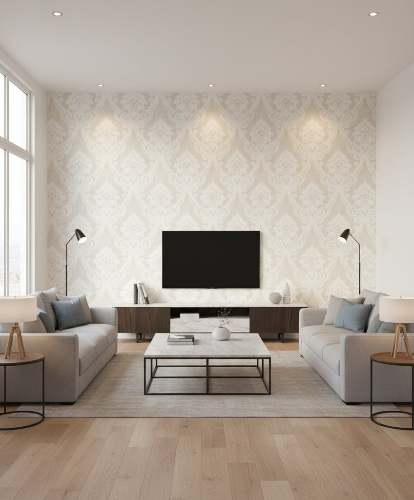 Vogue Damask Mid Century Damask Metallic and Gray | Architectural Wallcoverings - Living Room Visualization (AI-generated, may not be to scale. Verify pattern scale with product specifications.)