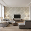 Atelier Mid Century Damask Gray, Metallic Gold, and Taupe | Architectural Wallcoverings - Living Room Visualization (AI-generated, may not be to scale. Verify pattern scale with product specifications.)