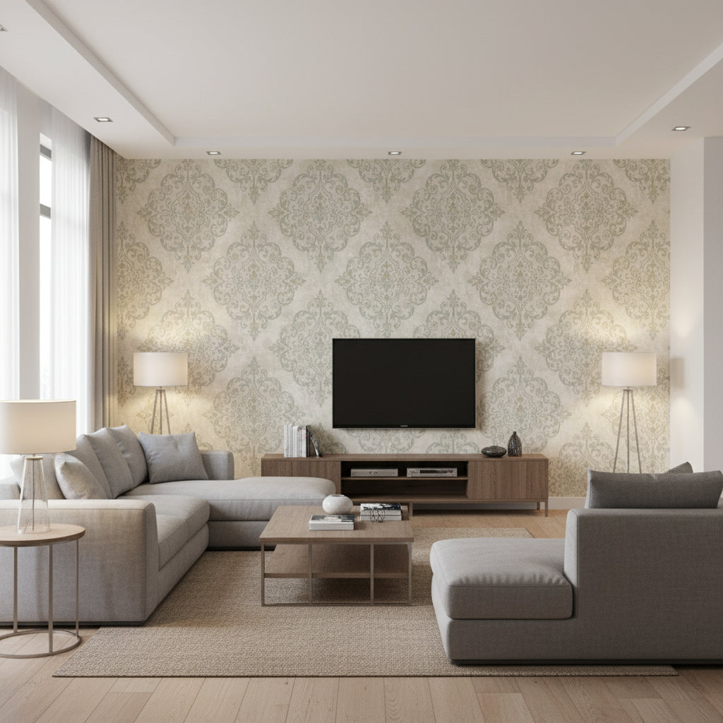 Atelier Mid Century Damask Gray, Metallic Gold, and Taupe | Architectural Wallcoverings - Living Room Visualization (AI-generated, may not be to scale. Verify pattern scale with product specifications.)