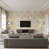 Atelier Mid Century Damask Tan, Gold, and Off-White | Architectural Wallcoverings - Living Room Visualization (AI-generated, may not be to scale. Verify pattern scale with product specifications.)